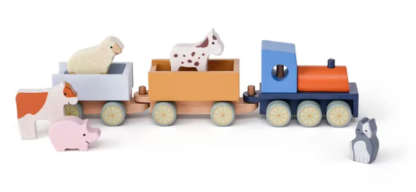 A TRAIN WITH CARRIAGES AND FARM ANIMALS 