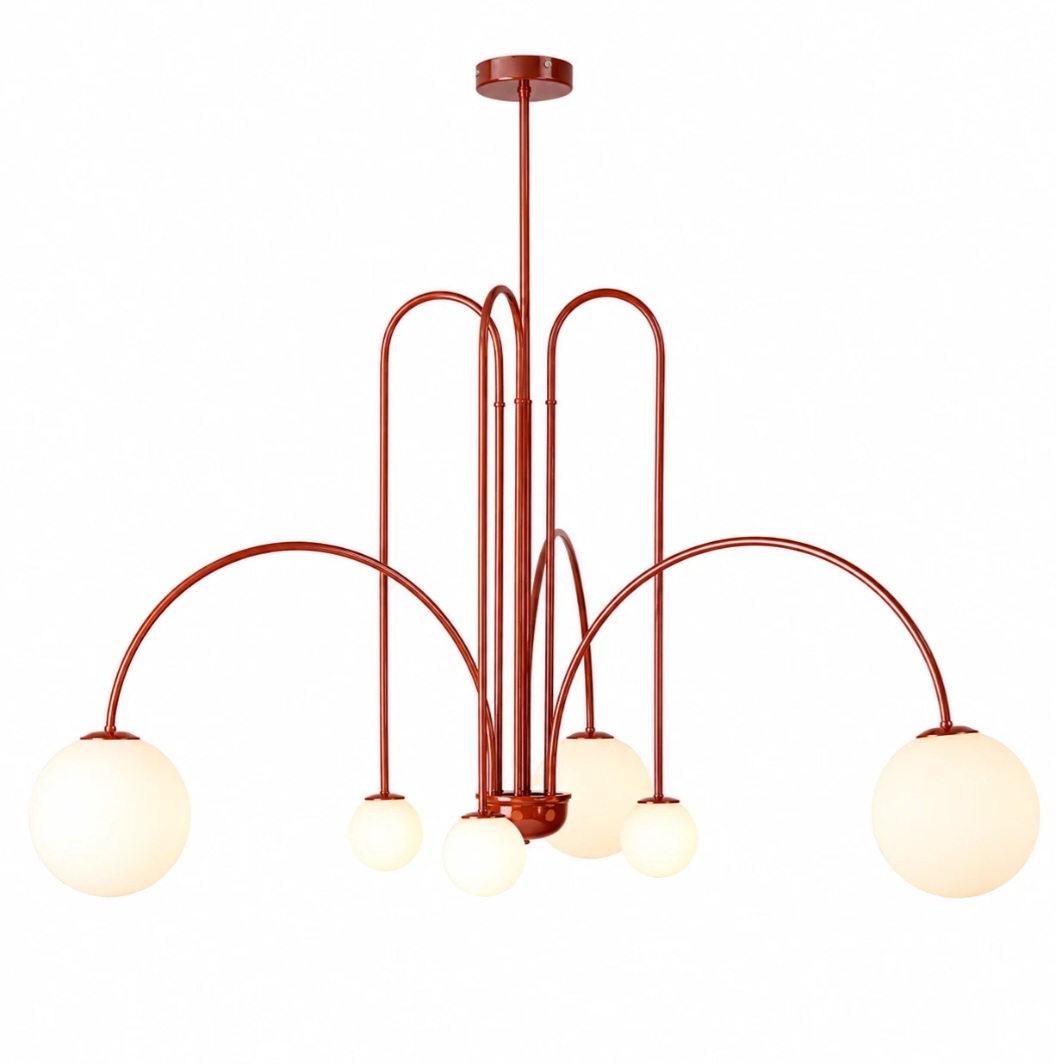 PENDANT LAMP WITH GLASS BALLS AND BRICK-RED ARCHES